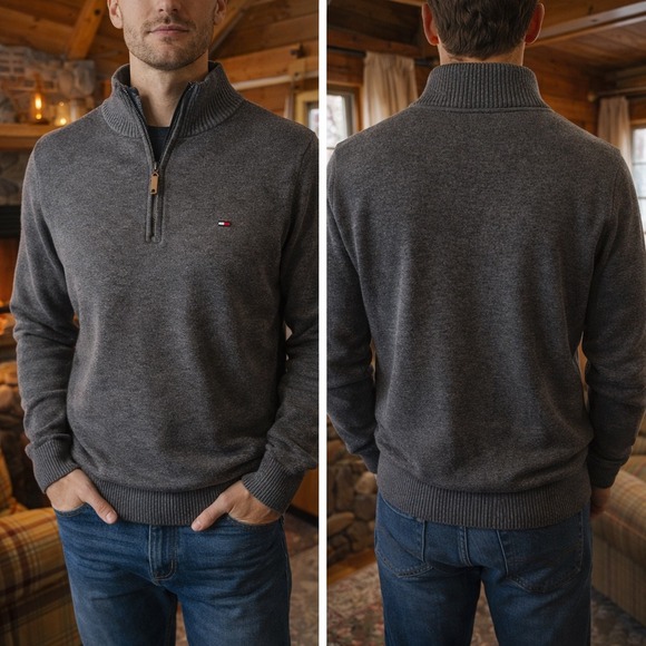 Tommy Hilfiger Other - Tommy Hilfiger Mens Quarter Zip Sweater Grey Cotton Pullover Leather Pull Size M